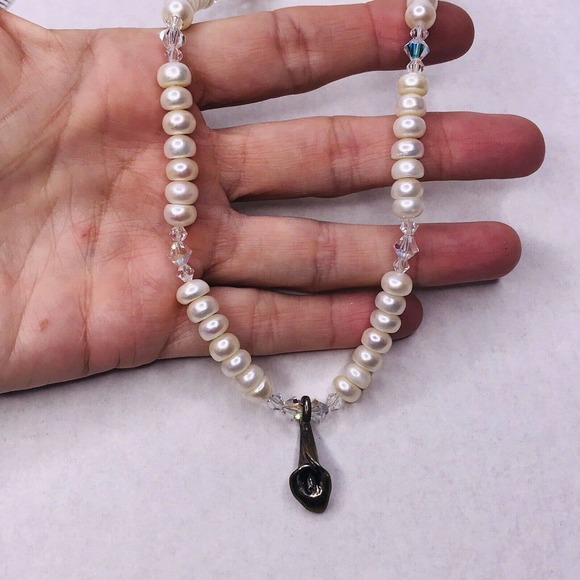 Lety G Sterling Silver Calla Lily FLower Charm Pearl Necklace Faceted Glass Bead - Picture 3 of 12